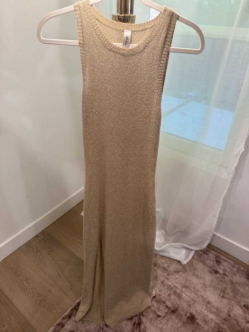Mahina Tan Textured Knit Sleeveless Maxi Dress with Side Slit, S